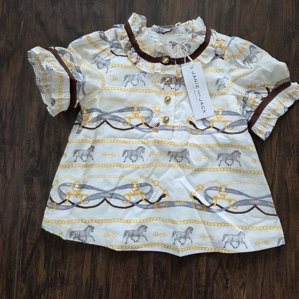 Janie and Jack Kids Equestrian Print Blouse - Cream and Brown